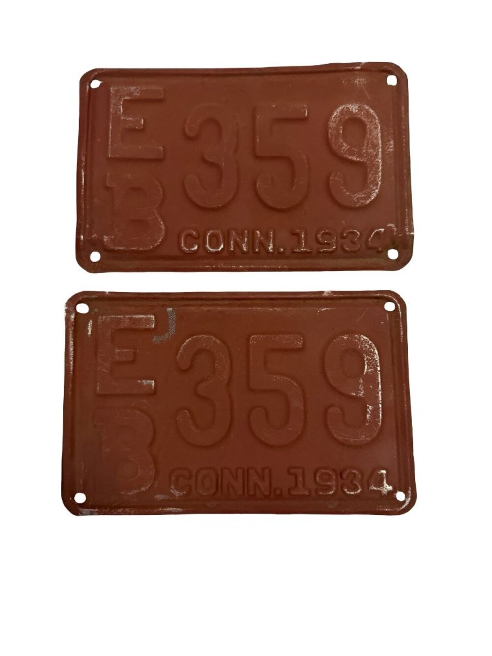 Vintage 1934 Connecticut License Plate Pair EB 359 Brown Embossed Matching Set
